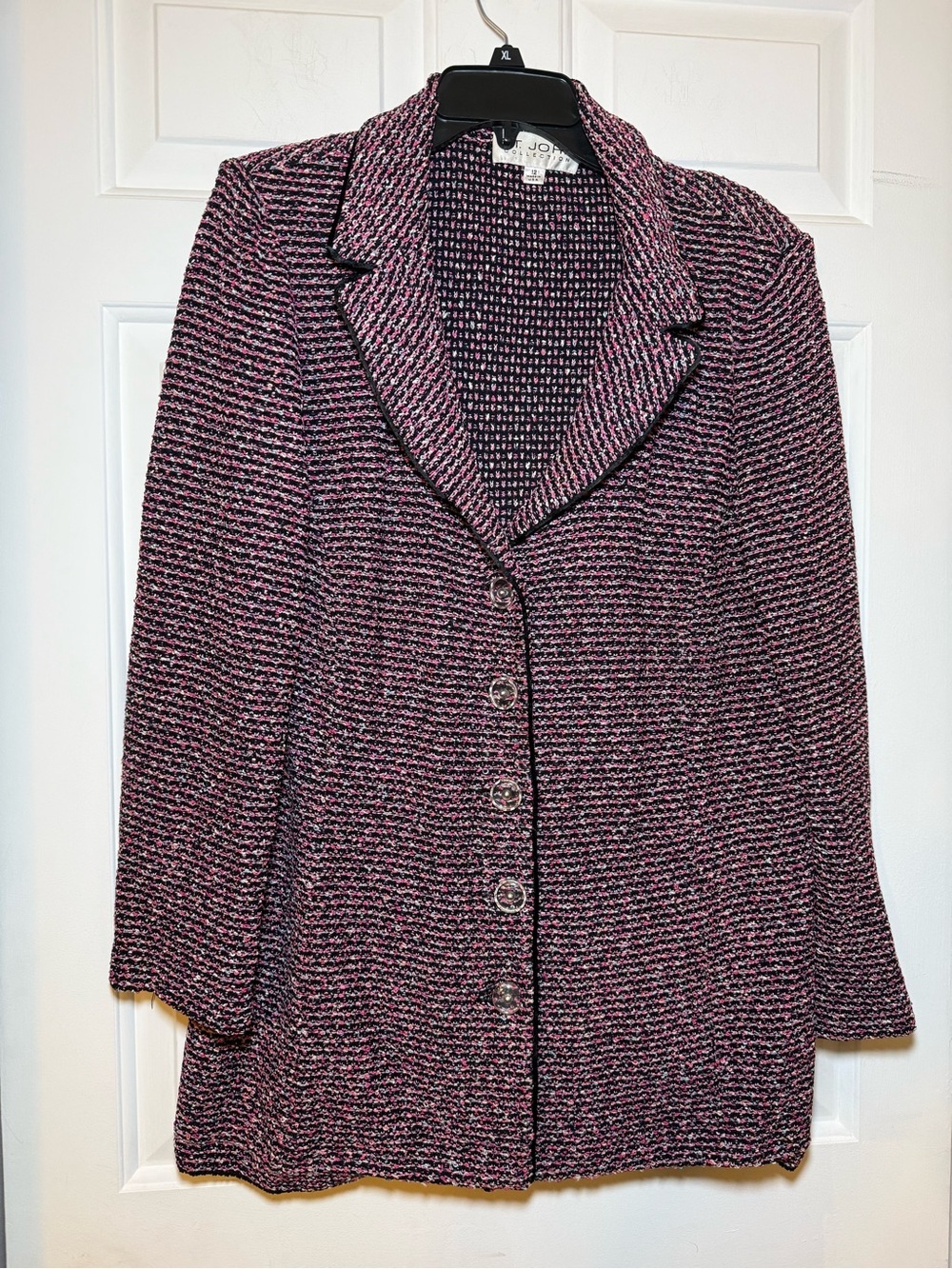 St John Collection Santana Knit Tweed Blazer Jacket Sz 12 Pink Black Preppy